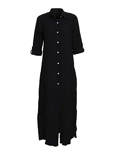 Chatinction Women Solid Color 3/4 Rolled-Up Sleeve Dress Sexy Buttons Down Side Slit Shirts Maxi Dresses4