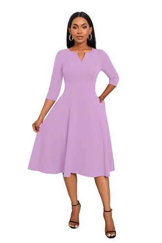 Image of Nmoder Midi Dresses for Women A-Line Fit and Flare Dress 3 /4 Sleeve V Neck Cocktail Wedding Guest Work Dress with Pockets