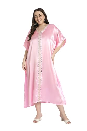 Women Embroidery Kaftan Dress Satin Silk Plus Size Soft Embroidered African Caftan Maxi Dresses for Ladies
