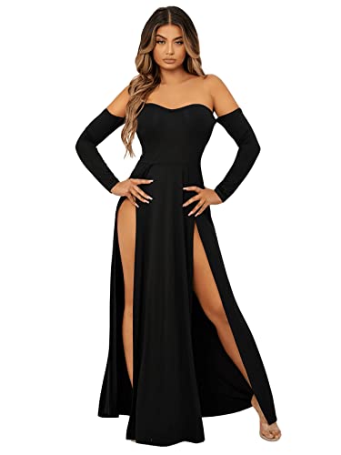 Sweatyrocks Women's Elegant Off Shoulder Double High Slit Long Sleeve Dress A Line Maxi Dresses Black M #TOP2