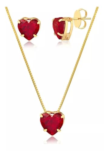 Conjunto Colar + Brincos De Coração De Cristal Vinho Banhado A Ouro
