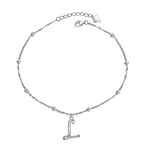 S925 Sterling Silver Initial Ankle Bracelets for Women , Dainty Layered Beaded Letter Anklet with Initials Cute Summer Anklets Alphabet Ankle Bracelets for Women Teen Girls (L)