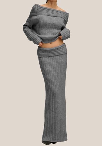 Image of Unybwonn Skirt Sets Women 2 Piece Outfits off the Shoulder Sweater and Knitted Skinny Maxi Skirts Fall Casual Outfits