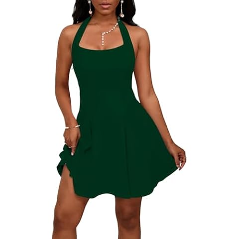 PerZeal Green Dress Women Sexy 2025 Summer Dress Sleeveless Halter Neck Graduation Cocktail Party Short Mini Flare Sundress X-Large Cover
