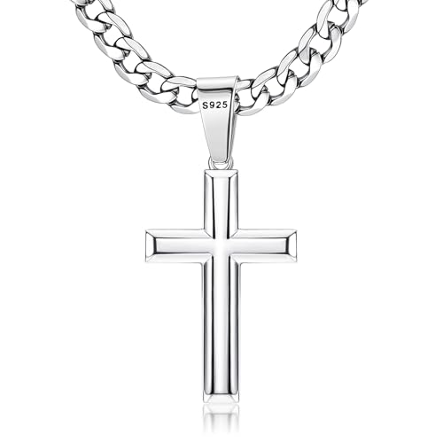 Besteel 925 Sterling Silver Cross Necklace for Men Women | 5mm 316L Stainless Steel Diamond-Cut Cuban Link Curb Chain, Beveled-Edge Cross Pendant Jewelry, 16-30'' Baptism Gift 22 Inches