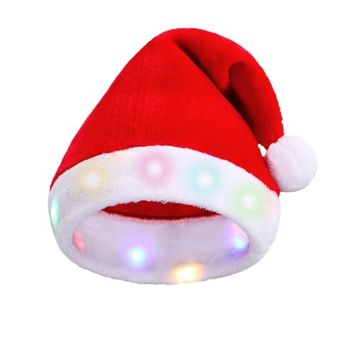Tibroni Chapéu de Papai Noel que ilumina chapéu de Papai Noel de pelúcia de LED, 3 modos de iluminaç