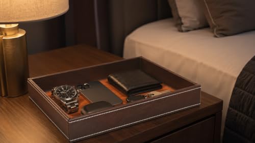Image of Primuim Leather Desk Organiser Tray Faux Leather, 10 x 08 x 1.5 inch, Decorative Stitching Detail, Modern Professional Faux Rectangular Leather Serving Tray.Brown Color