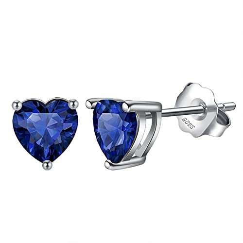 Bellitia Jewelry Pendientes de Botón de Corazón para Mujeres en Plata de Ley 925, Pendientes de Tuerca Chicas con Zafiro Azul, Conjunto Joyas Mujer