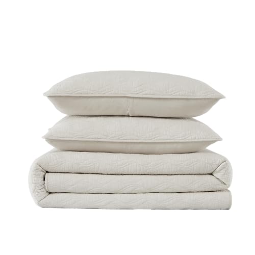 palassio Ivory Cotton Quilt Queen Size Bedding Sets with Pillow Shams, Cream Lightweight Bedspread Coverlet, Soft Quilted Bed Cover in Geometric Pattern for All Season, 3 Pieces, 90x96 inches