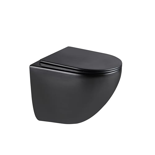 HOGART Inodoro Suspendido con Base Oculta y Fijaciones Invisibles, Potente Sistema de Descarga Tornado Silencioso y Económico, Taza de Cerámica Fácil de Limpiar, Asiento Soft-Close (negro mate)