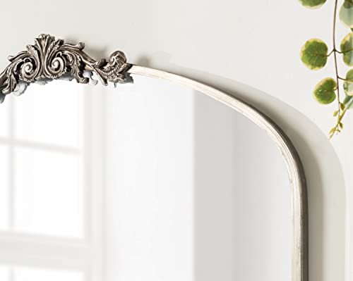 Image of Kate and Laurel Arendahl Ornate Traditional Arched Mirror; 36 x 29; Silver; Decorative Baroque Style Arched Wall Mirror with Wide Frame and Ornamental Crown