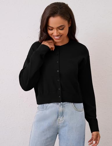 Image of MISSACTIVER Women's Button Down Cropped Cardigan Sweater Solid Open Front Long Sleeve Crewneck knitted Fall Cardigans Jacket Black, Small