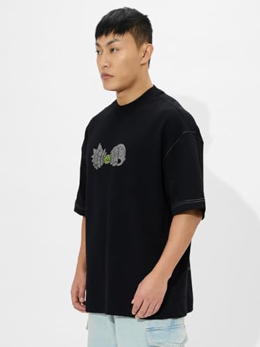 Image of The Souled Store Rick & Morty: Existential Crisis Men and Boys Short Sleeves Round Neck Black Graphic Printed Cotton Super Oversized T-Shirts