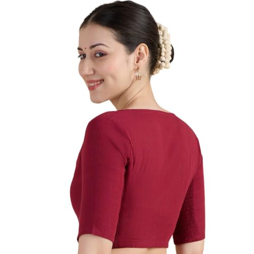 Image of Studio Shringaar Women's Handloom Cotton Side Stretchable (Smocked) Readymade Saree Blouse with Crochet Neckline