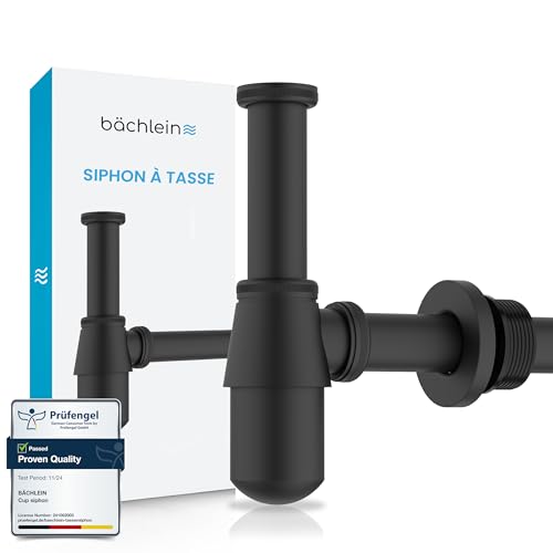 Bächlein Siphon de tasse universel pour lavabo et lavabo (noir mat), bouchon anti-odeurs avec ouverture de nettoyage + instructions d'installation - design...