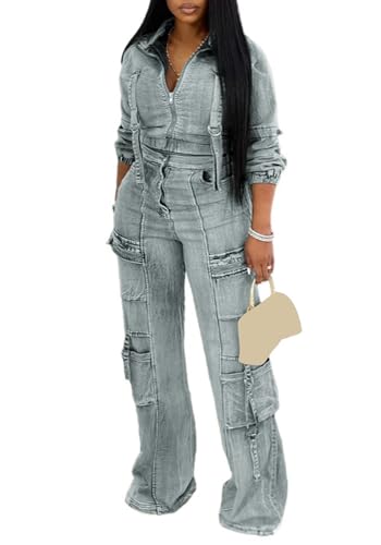 Tbahhir Womens 2 Piece Sets Denim Outfits Long Sleeve Crop Jean Jackets Cargo Pants with Pockets Y2k