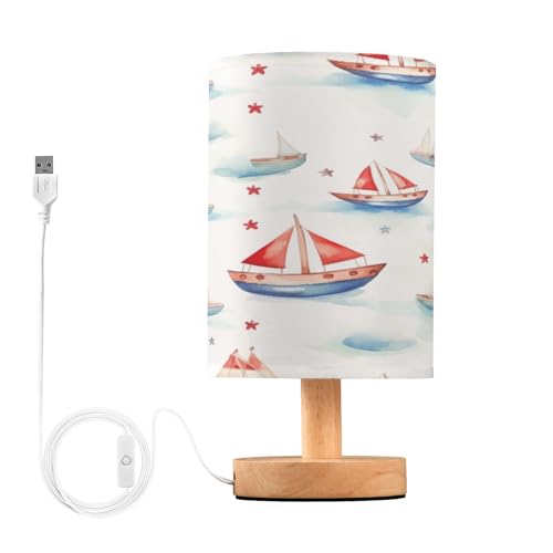 SDMKA Boats Pattern Bedside Table Lamp for Bedroom, Minimalist Nightstand Lamp with Round Fabric Shade for Living Room, Office, No Bulb Required
