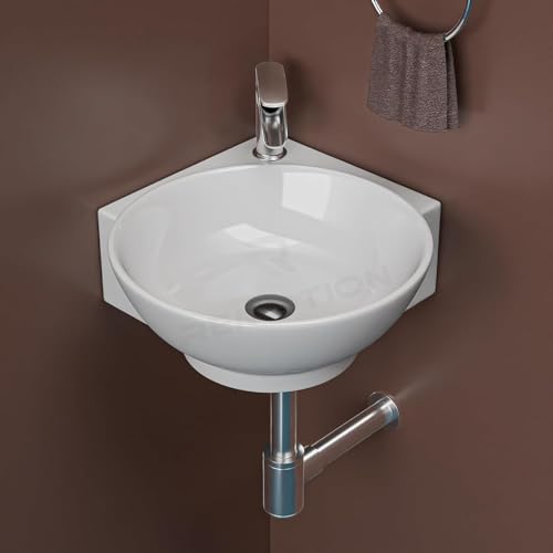 Image of REMOTION Wall Mounted Wash Basin for Bathroom | Ceramic Wash Basin | Wall Hung Small Corner Wash Basin /Sink (16.3 x 13.8 x 4.3 Inch) (Plain White)