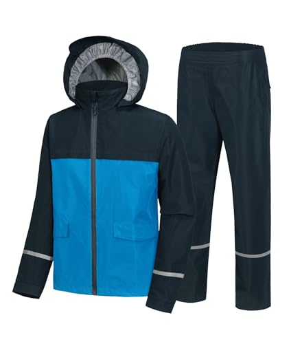 Image of Kids Rain Suit Jacket and Pants Set with Reflective Strips Adjustable Hood Flap Pocket for Boys Girls