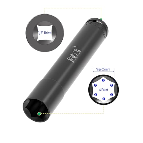 Image of 1 /2 Inch Drive by 27mm Deep Impact Socket, Heat-Treated CR-V Steel 6 Inch Length, 6-Point Metric Sizes