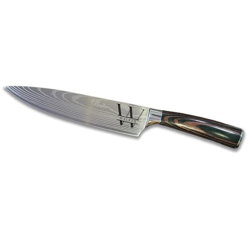 Image of Professional Chef Knife | Personalized 8 inch Stainless Steel Kitchen Knife | Custom Engraved Initial & Name | Brown Pakka Wood Handle