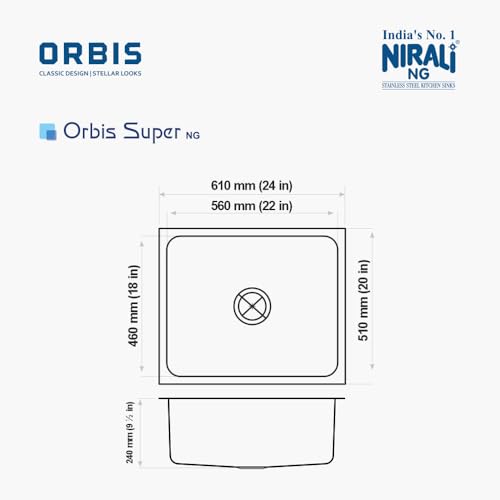 Image of NIRALI Kitchen Sink 24 x 20 Inch 304 Stainless Steel | Single bowl Sink Round Coupling | Rust & Stain Resistant | Glossy Finish | Minimizes Sound Orbis Kitchen SInk (SS-304) (Glossy, 24 inchX 20 inch x 8 inch)
