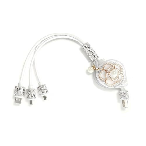 Multi Charging Cable, Retractable Car Charger 3 in 1 Multi Charging Cable with Type-C/Lightning/Micro USB Connectors, Universal for iPhone/Samsung/Tablets & All Devices, Stylish for Women (White)