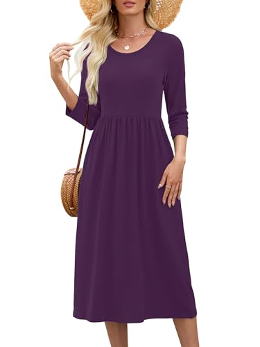 Image of Heymoments Women's Casual 3 /4 Sleeve Midi Dress Crewneck A Line Tiered Flowy Loose Travel Long Dresses with Pockets