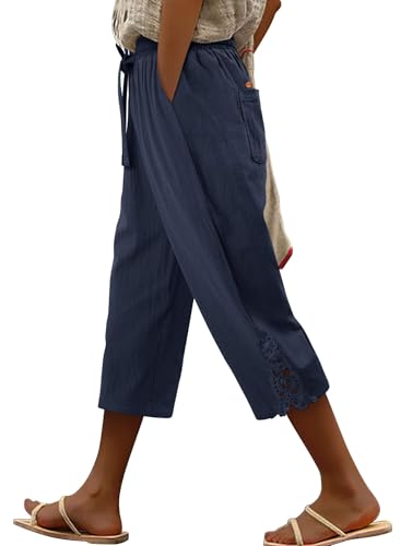 ONLYSHE Summer Plus Size Capri Pants for Women High Waisted Wide Leg Lounge Pants Palazzo Trousers with Pockets Blue XXL