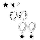 ALEXCRAFT Silver Earrings For Women 925 Sterling Silver Star Earrings For Women Set Silver Hoops Earrings For Women Small Huggies Multiple Piercings Studs Huggies Helix Stackable Sleeper Black Star