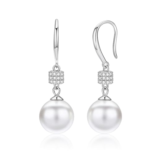 925 Sterling Silver Pearl Drop Earrings for Women, 10mm White Pearl Hypoallergenic Dangle Earrings, 14K Gold Plated CZ Jewelry for Wedding Party Daily Gift