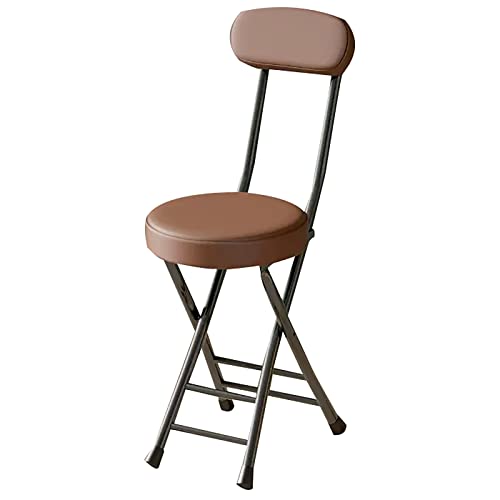 Taburete de bar redondo plegable con respaldo y asiento acolchado de cuero para exterior/interior, ideal para camping, cocina y café, altura del asiento 45,7 cm (marrón)