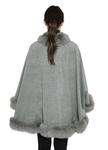 Womens Cape Coat- Luxury Cashmere Ponchos for Women with Fox Fur Trim- Pure Cashmere Wool Elegant Coats for Women (Medium Grey)2