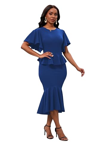 Image of Womens Summer Ruffle Short Sleeve Fishtail Dress Evening Cocktail Formal Peplum Midi Mermaid Dresses Elegant