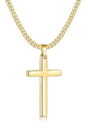 Fiusem 14K Gold Plated Cross Necklaces for Man, Medium Pendant, 18 Inches