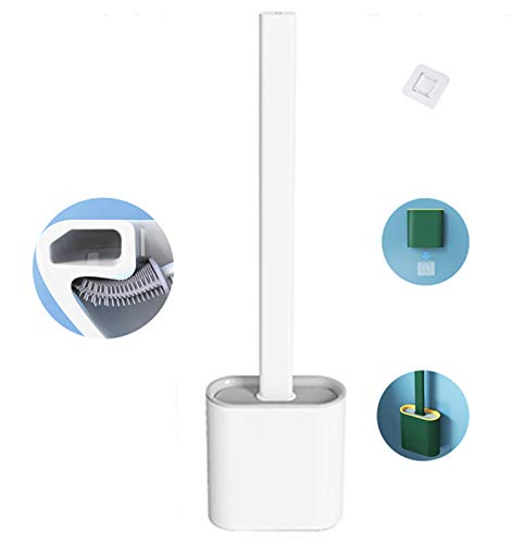 FuChIpnTco Silicone Toilet Brush, with Holder Set for Bathroom Toilet Bowl Cleaner Brush and Holder, Non-Slip Plastic Handle Bendable Brush Head to Clean Corner Easily, White