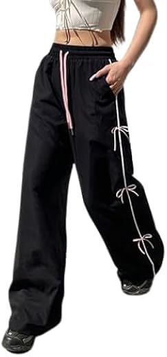 100LUCK Trendy Skin Wide Leg Girl’s Trousers with White Side Bow Design | Loose Fit Casual Pants for Girls. Pack of 1