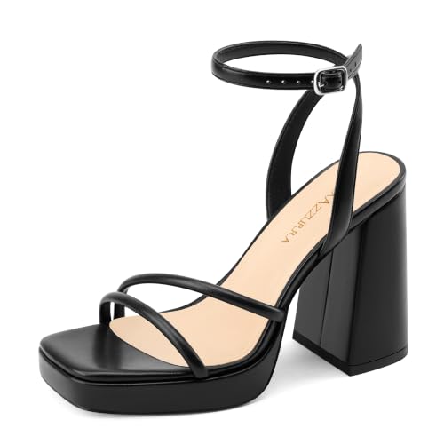 Image of MIRAAZZURRA Platform Strappy Heel Sandals Square Open Toe Two Strap Chunky High Heeled Sandals with Buckle Ankle Strap for Women Party Wedding Dress