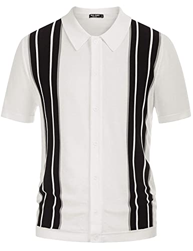 Mens Slim Fit Knitwear Short Sleeves Striped Vintage Cardigan Sweaters L Ivory #TOP2