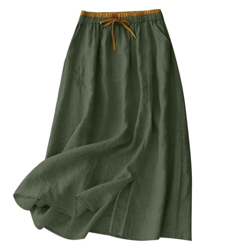 Women's Cotton Linen Midi Skirt with Pockets Casual Flowy Swing Elastic High Waist A-Line Split Long Boho Skirts Army Green XL