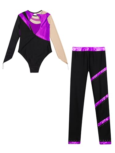 JEATHA Kids Girls Figure Skating Outfits Gymnastics Tumbling Athletic Dance Leotard with Leggings Pants Set4