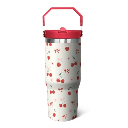 qwpmvhsak 30oz Cherry Flip Tumbler Coffee Travel Mug Cup Water Bottle With Handle,Cherry Gifts for Women Decor Stuff Accessories