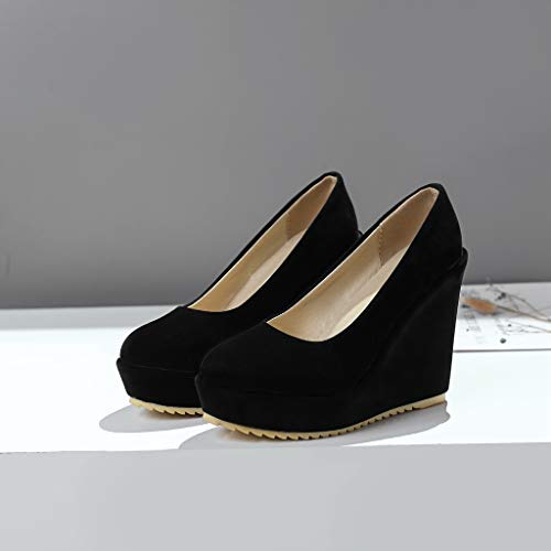 MIOKE Women's Round Toe Wedge Platform High Heel Pumps Suede Casual Slip-On Comfortable Chunky Dress Shoes3
