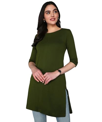 Image of FLEXIMAA Women's Cotton Plain Round Neck 3 /4 Sleeve Long Top