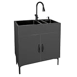 ZBJDX Mobile Lavello da Lavanderia Multi-Funzionale, Lavello Domestico Tutto-in-Uno, Portasciugamani Scorrevole & Rubinetto Girevole Estraibile, Set Lavello Doppia Vasca,Nero,30in