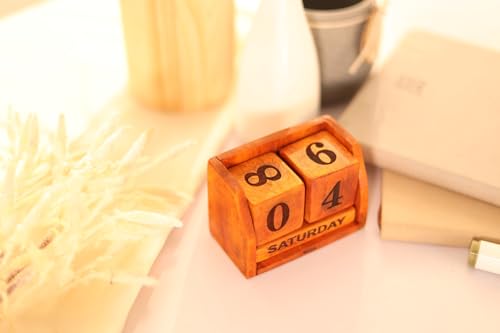 Image of Handmade Wooden Perpetual Desk Calendar | Vintage Wooden Table Calendar for Home & Office Decor (CALENDER 1)