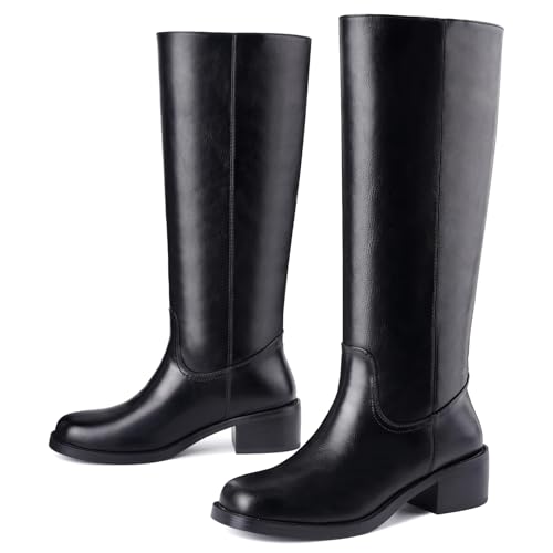 Image of Gothictor Women's Banana Knee High Boots Square Toe Chunky Block Heel Comfortable Low Heel Pull on Wide Calf Riding Long Boots for Women