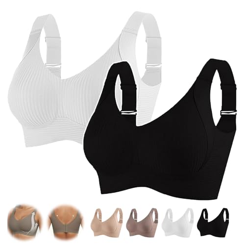 Floralshe Brasier, reggiseno da donna, tinta unita, quattro file, regolabile, senza fili, morbido, senza cuciture, copertura completa, bianco e nero., L
