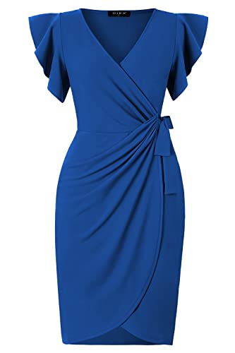 Image of oten Womens Deep V Neck Ruffle Sleeve Sheath Casual Cocktail Party Work Faux Wrap Dress