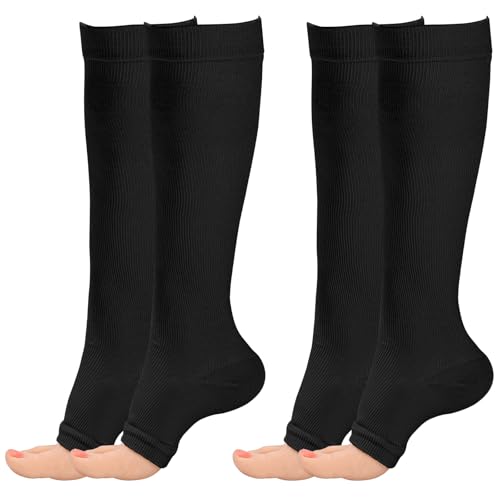 2 Pairs Compression Socks for Women & Men,Toeless Flight Socks Compression Stockings Open Toe Pressure Support Flight Stockings for Maternity Pregnancy Nurses Flying Varicose Veins (Black+Black, S/M)